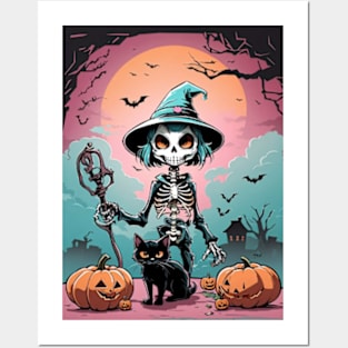 Halloween skeleton witch with her spooky friends Posters and Art